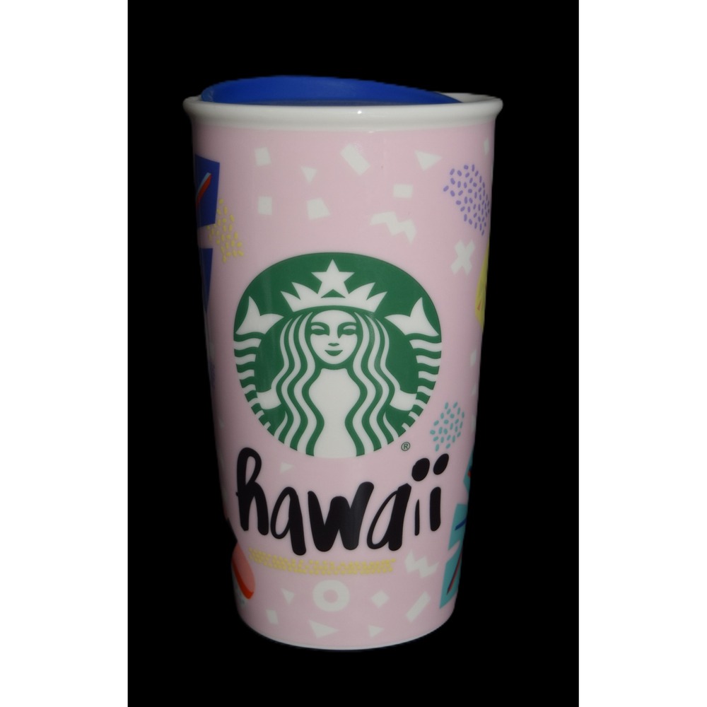 Starbucks Hawaii Tumbler Travel Mug 12oz Pink Ceramic Blue Lid Excellent 2016